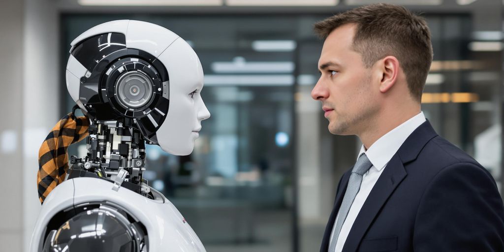 Salesperson and robot facing each other in office