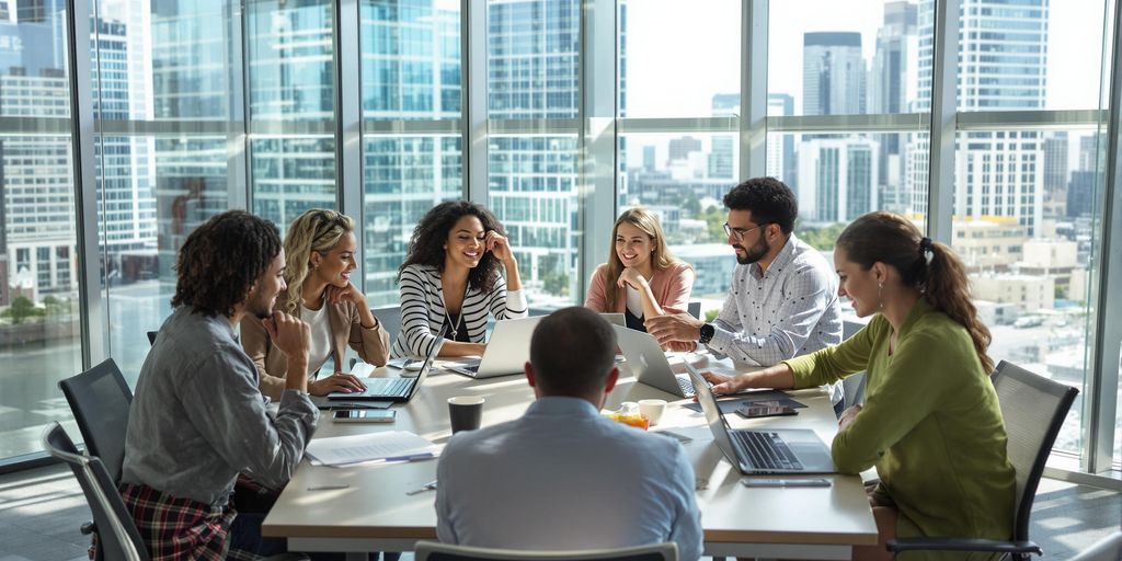 Diverse team working in a bright office meeting room.
