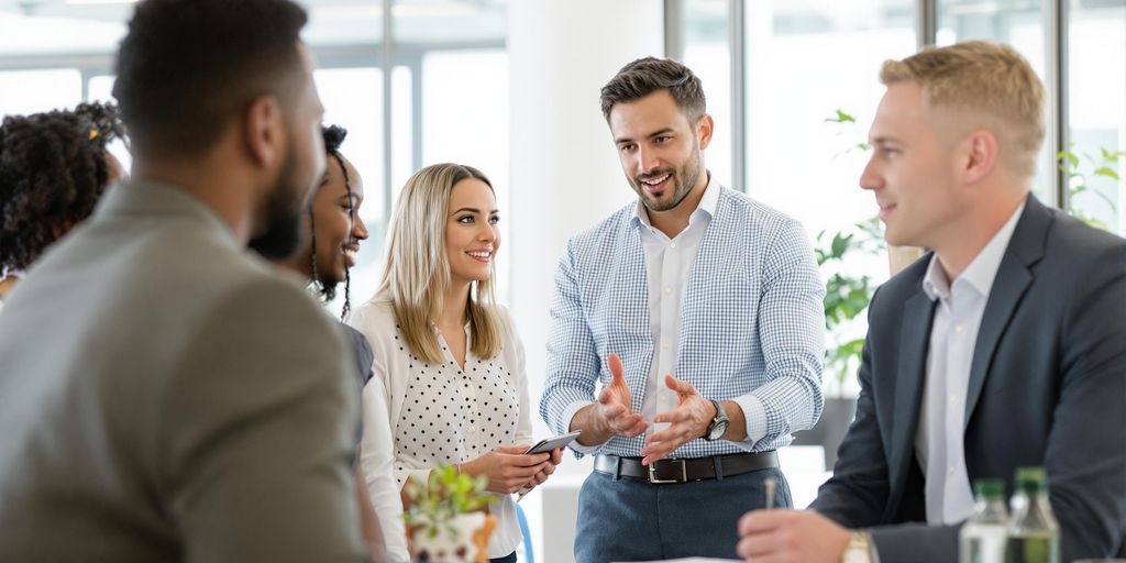 People discussing sales strategy in a modern office