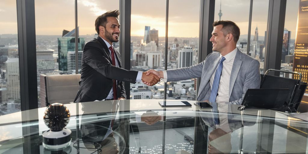 Business professional shaking hands with client in modern office