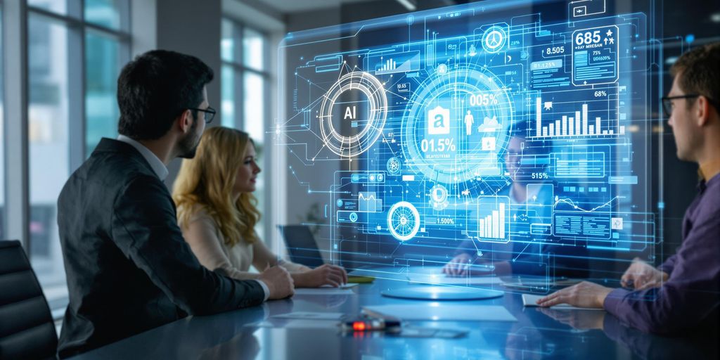 Sales team using futuristic AI hologram in modern office