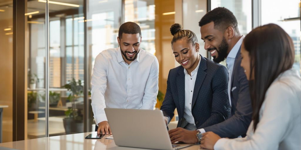 Businesspeople collaborating in a modern office workspace