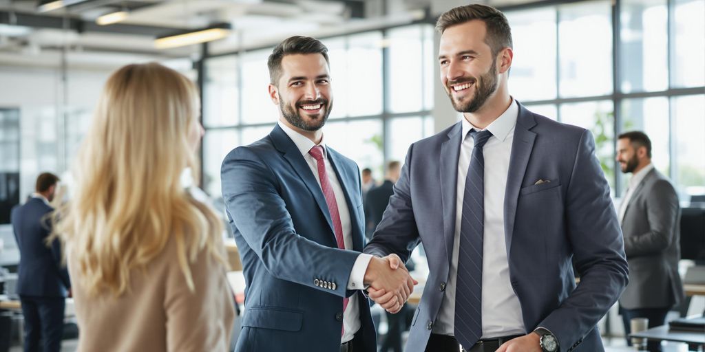 Sales executive shaking hands with client in modern office.