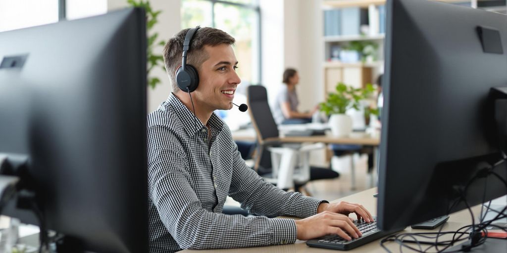 Sales agent making outbound calls in modern office.