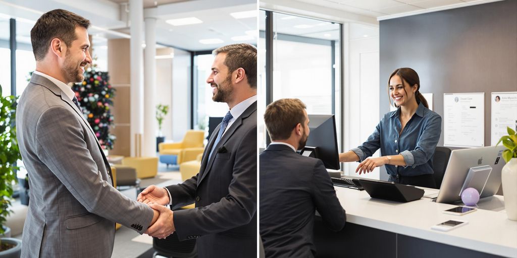 People interacting in an office with warm, attentive expressions.