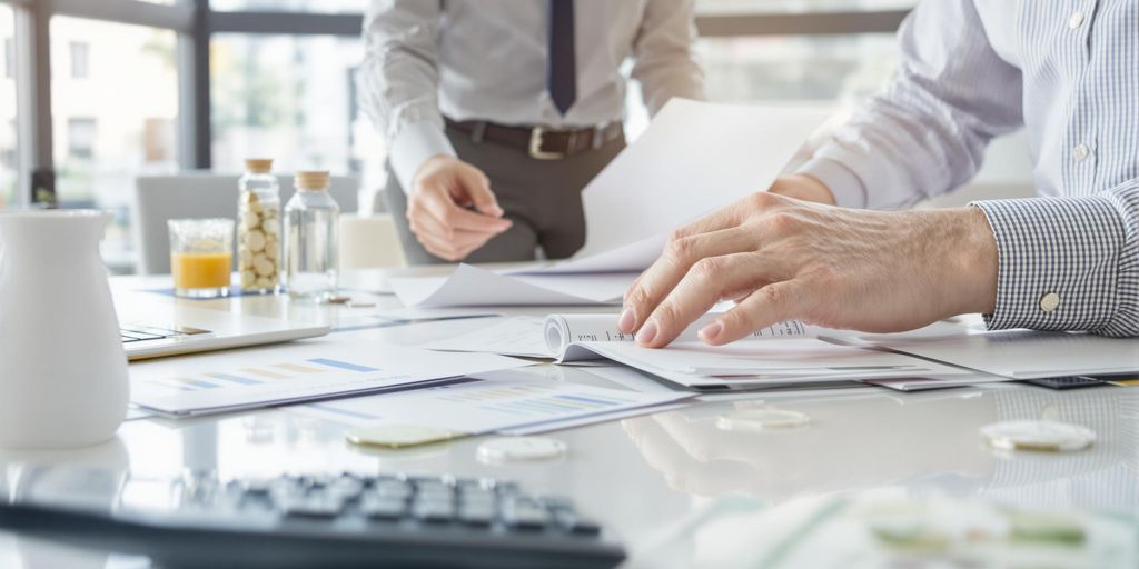 Two businesspeople at table with cash and products
