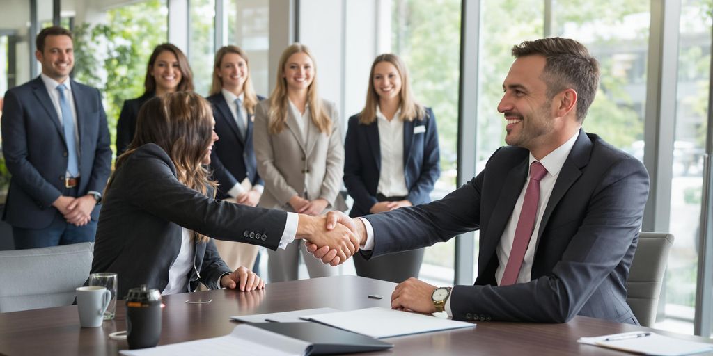Professional interview handshake in a bright modern office.