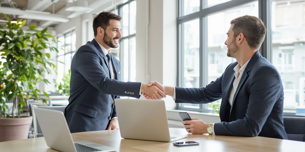 Business professionals networking in a modern office setting