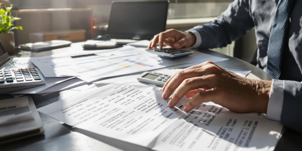 Businessperson analyzing financial documents with calculator and laptop