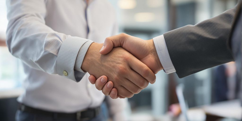 Sales development professional closing a deal with a handshake.