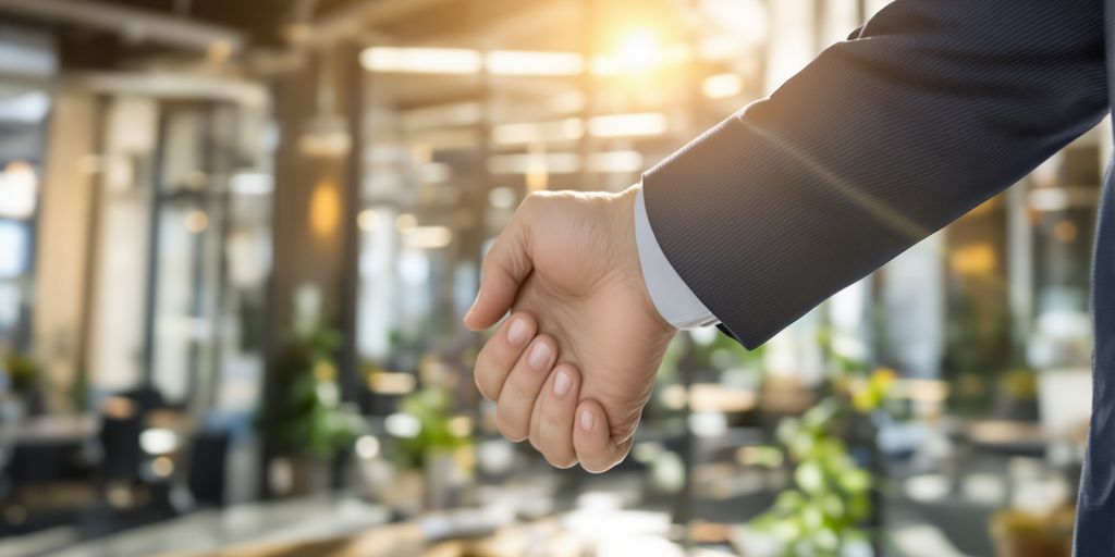 Person shaking hands in a modern office.