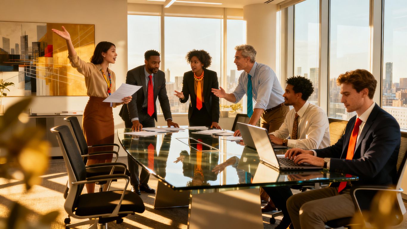 Enterprise sales team collaborating in modern office.