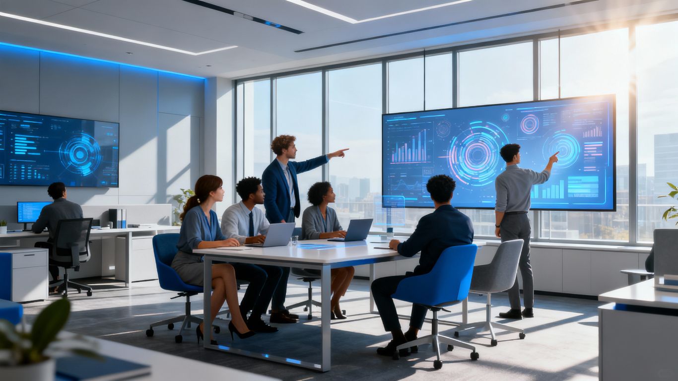 AI and real estate professionals collaborating in a modern office.