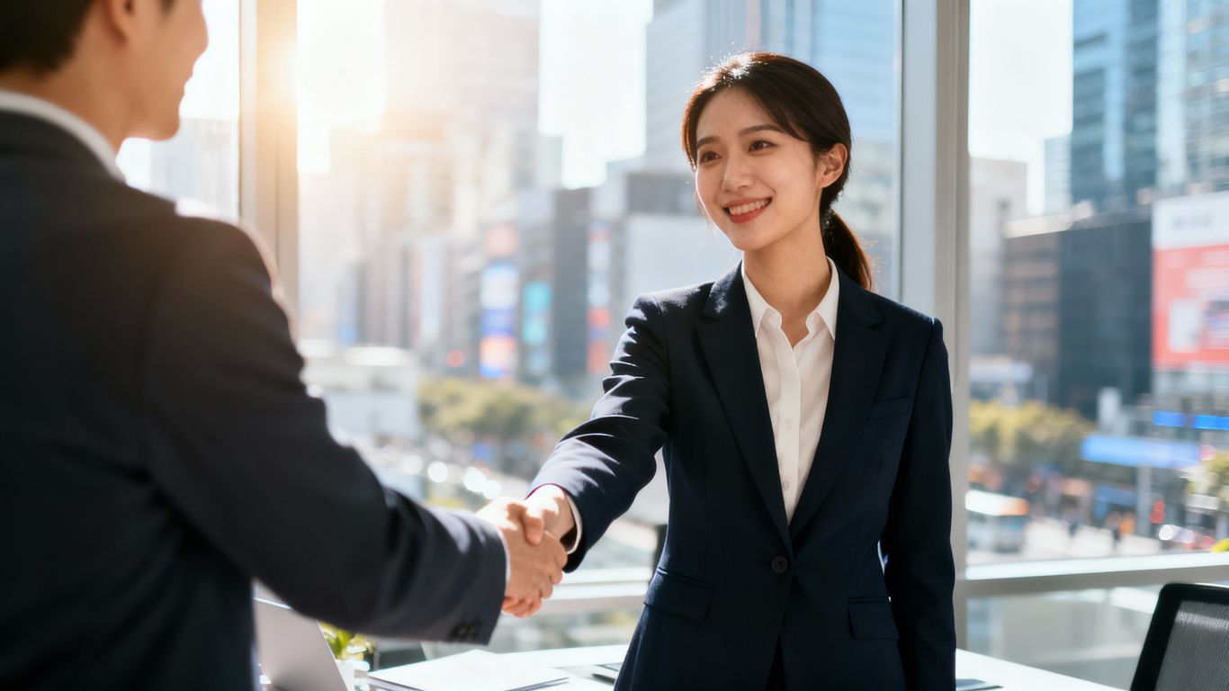 Salesperson shaking hands with a client in an office.