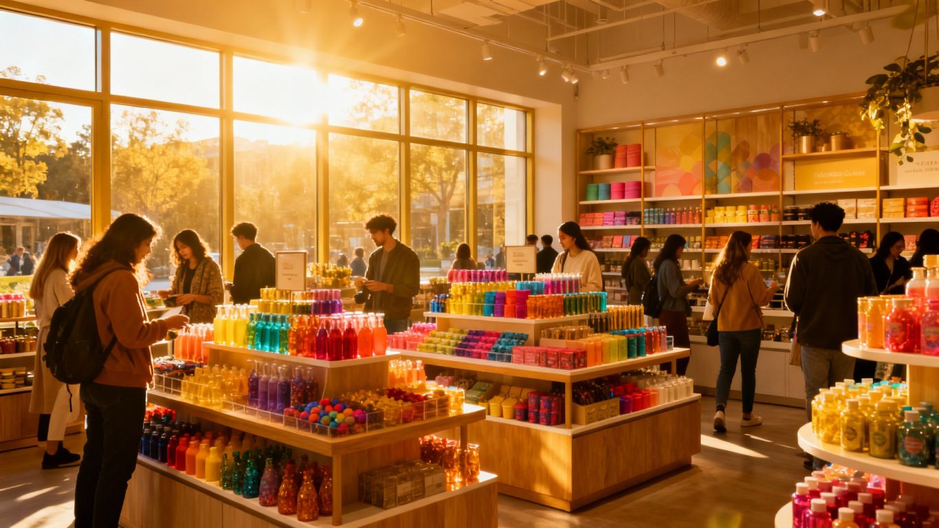 Retail store with happy shoppers and attractive product displays.