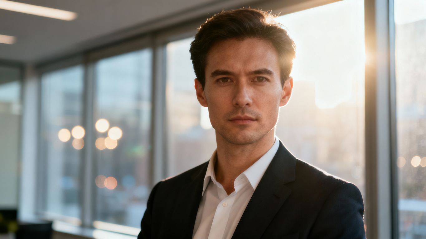 Independent sales rep in modern office, looking confident.