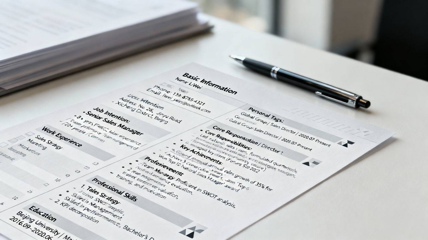 Sales manager resume on a desk with a pen.