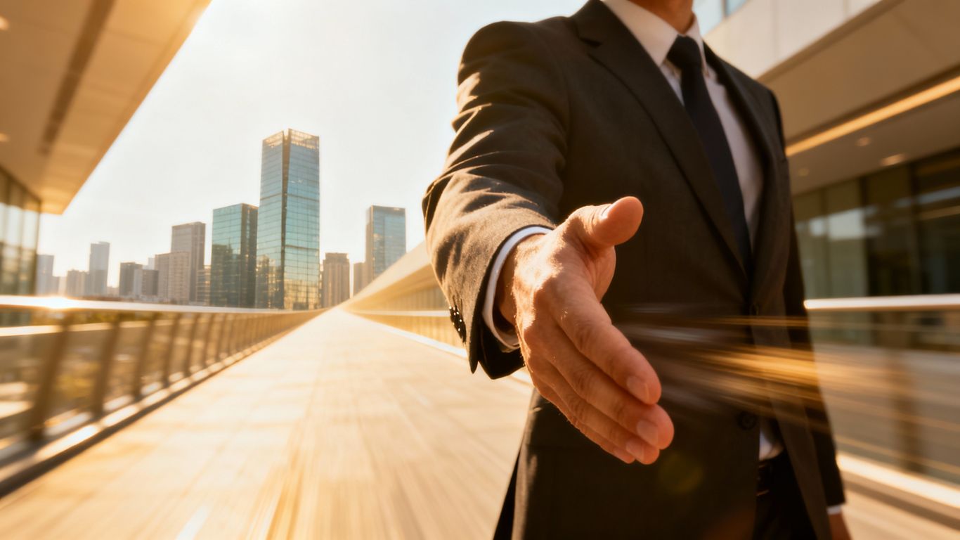 Professional reaching out, symbolizing sales success and future growth.