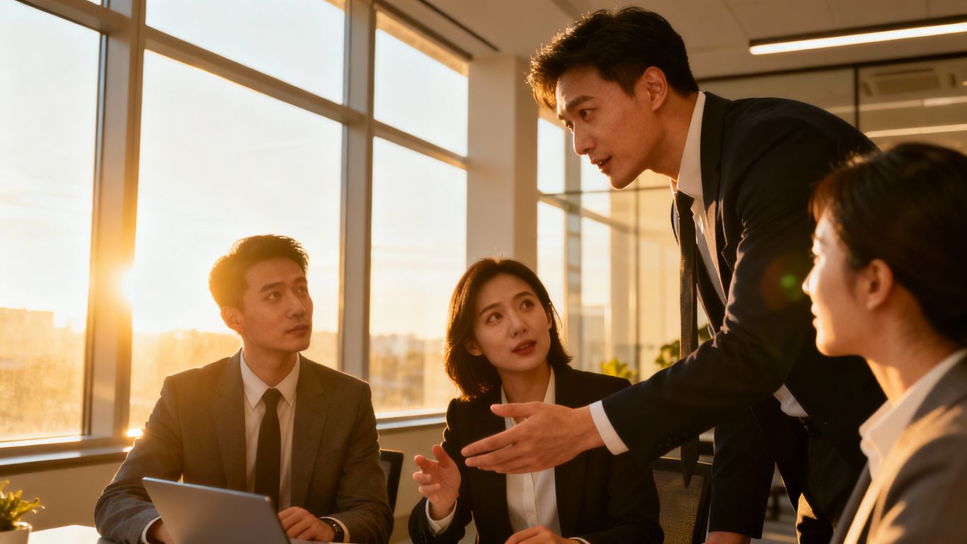 Sales team collaborating in a modern office.