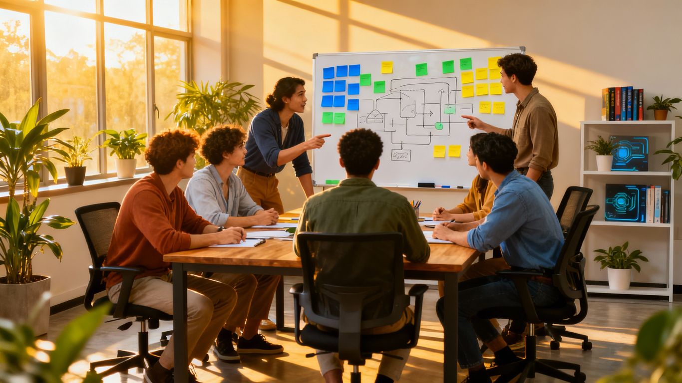 Business team brainstorming content marketing strategies for lead generation.