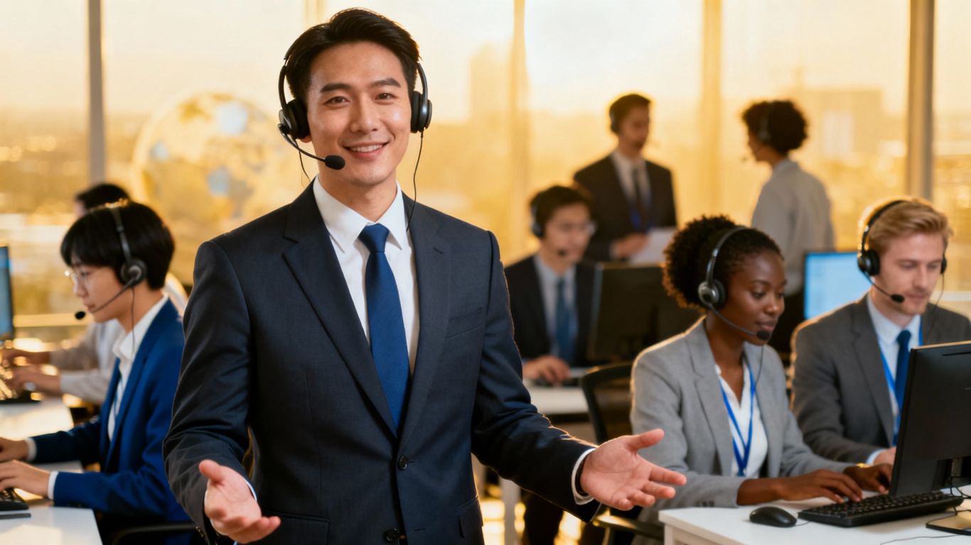 Business professional with headset, customer support team