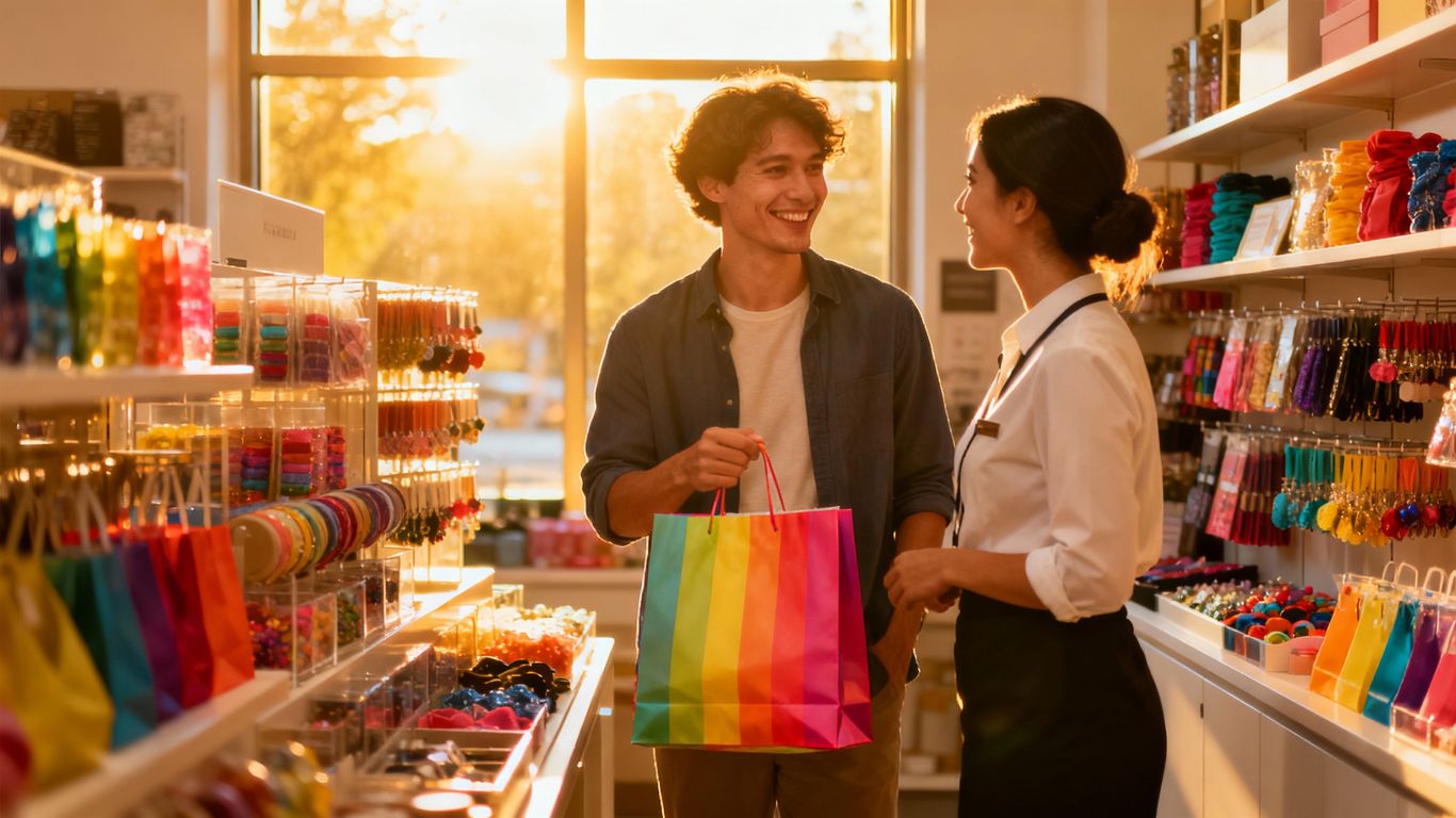 Retail store sales increase with happy customer and staff.