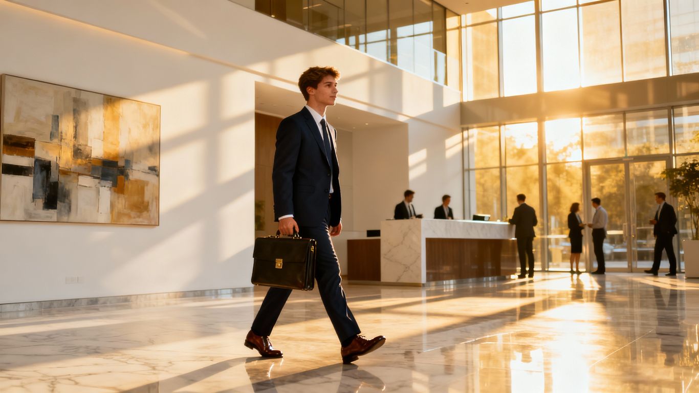 Young professional entering a modern office building.
