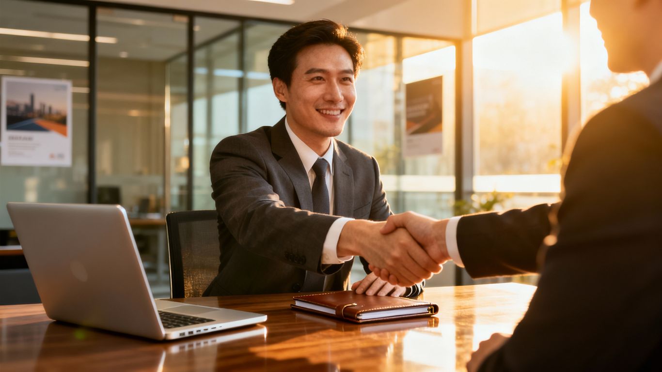 Sales manager shaking hands in a modern office.