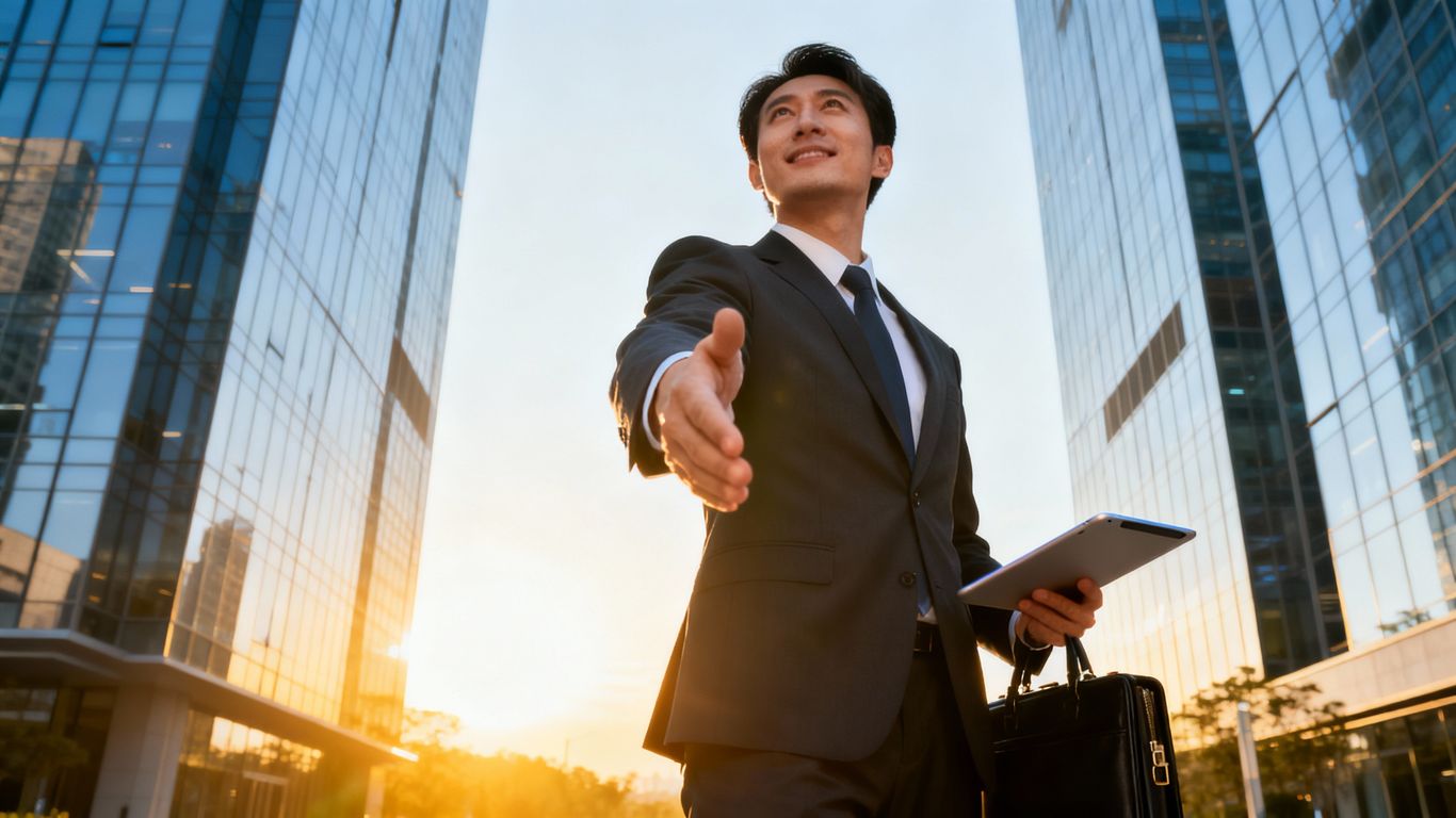 Professional reaching out, symbolizing sales success and future growth.