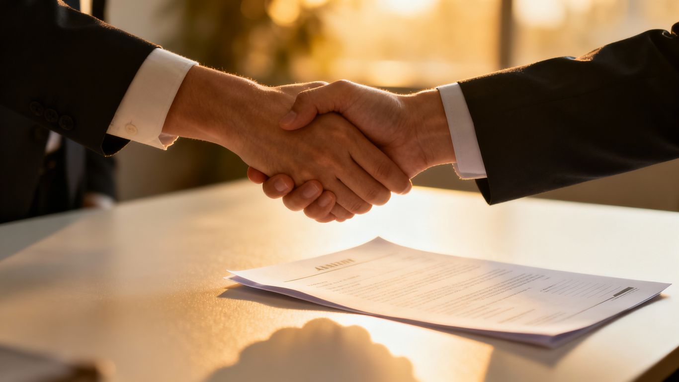 Handshake over a resume, symbolizing sales success.