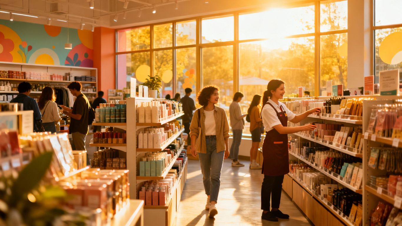 Retail store interior with customers and staff.