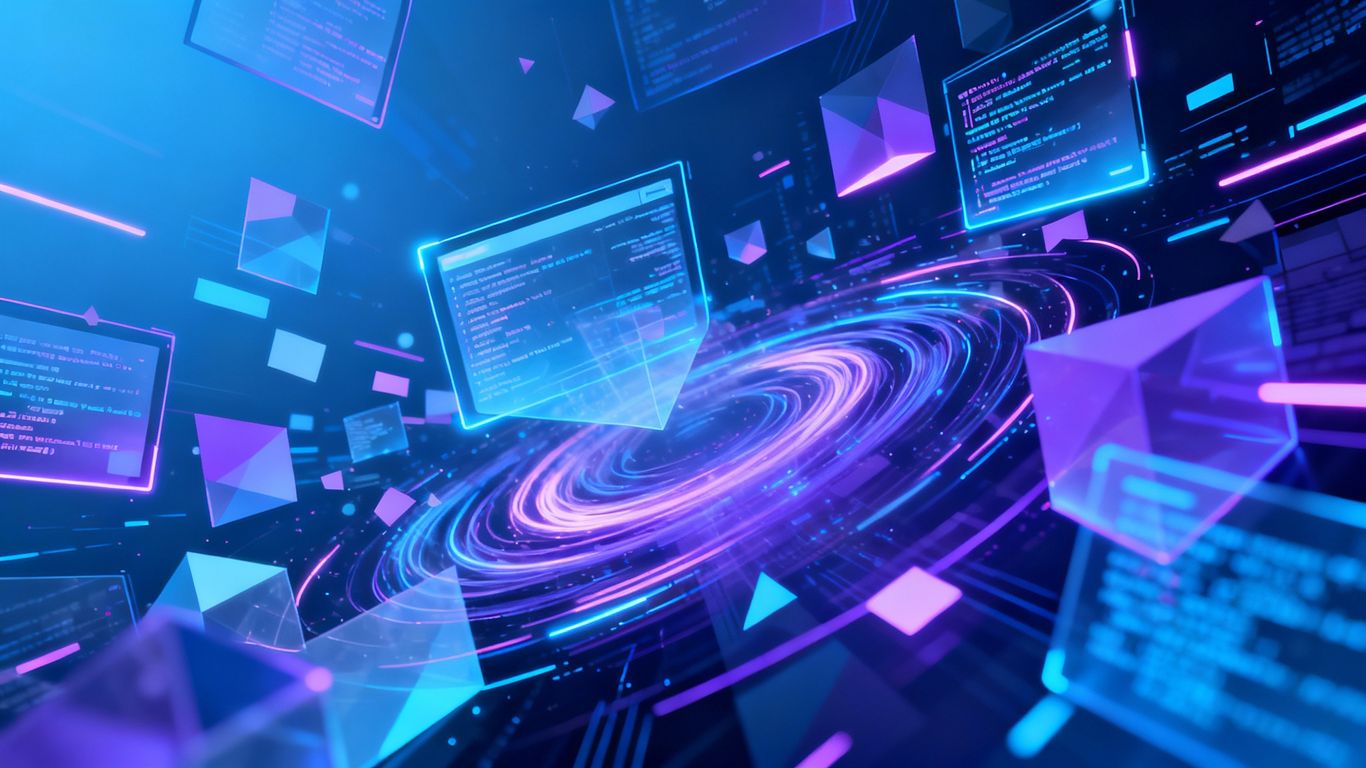 Futuristic AI tools collage with glowing interfaces.