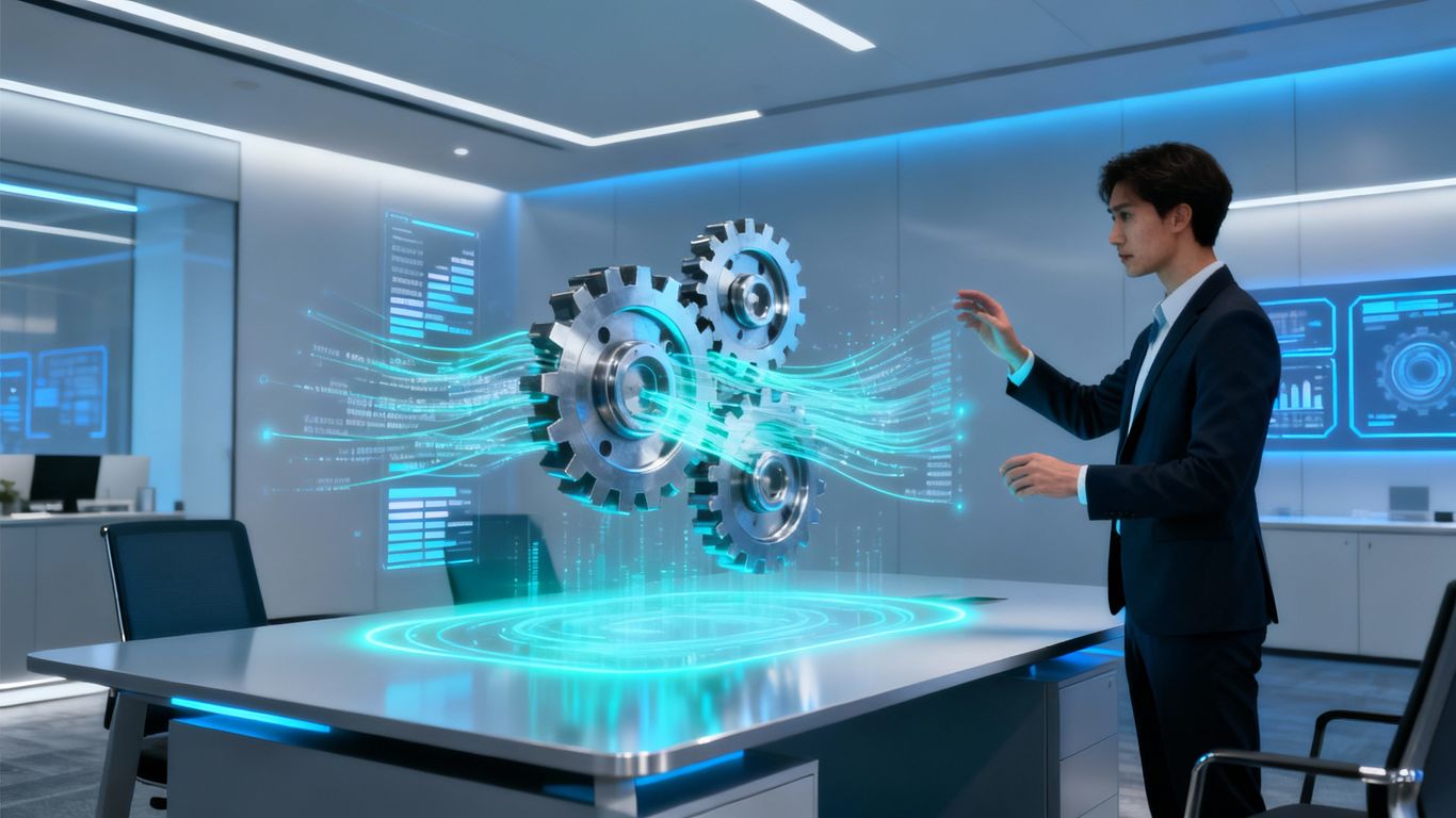 Person using holographic interface for business automation.