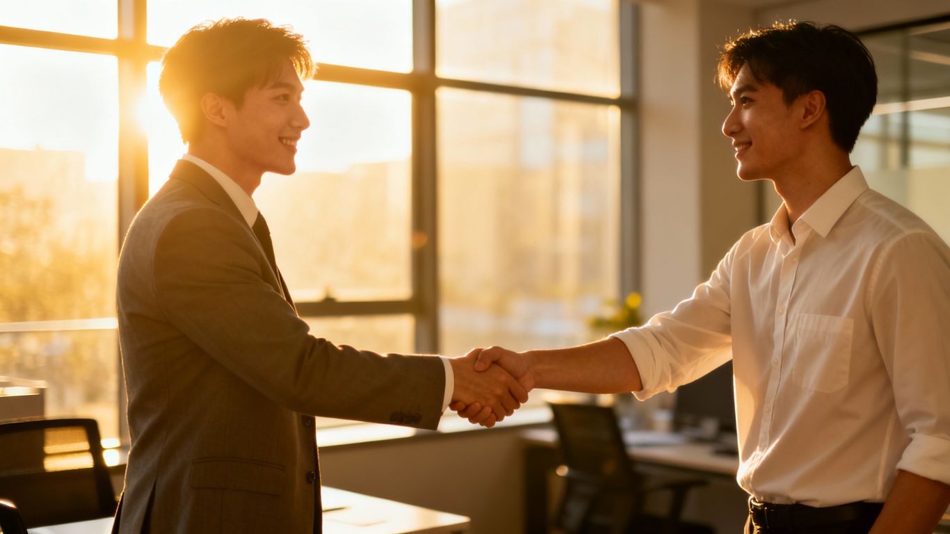 Young professional shaking hands, starting sales career.