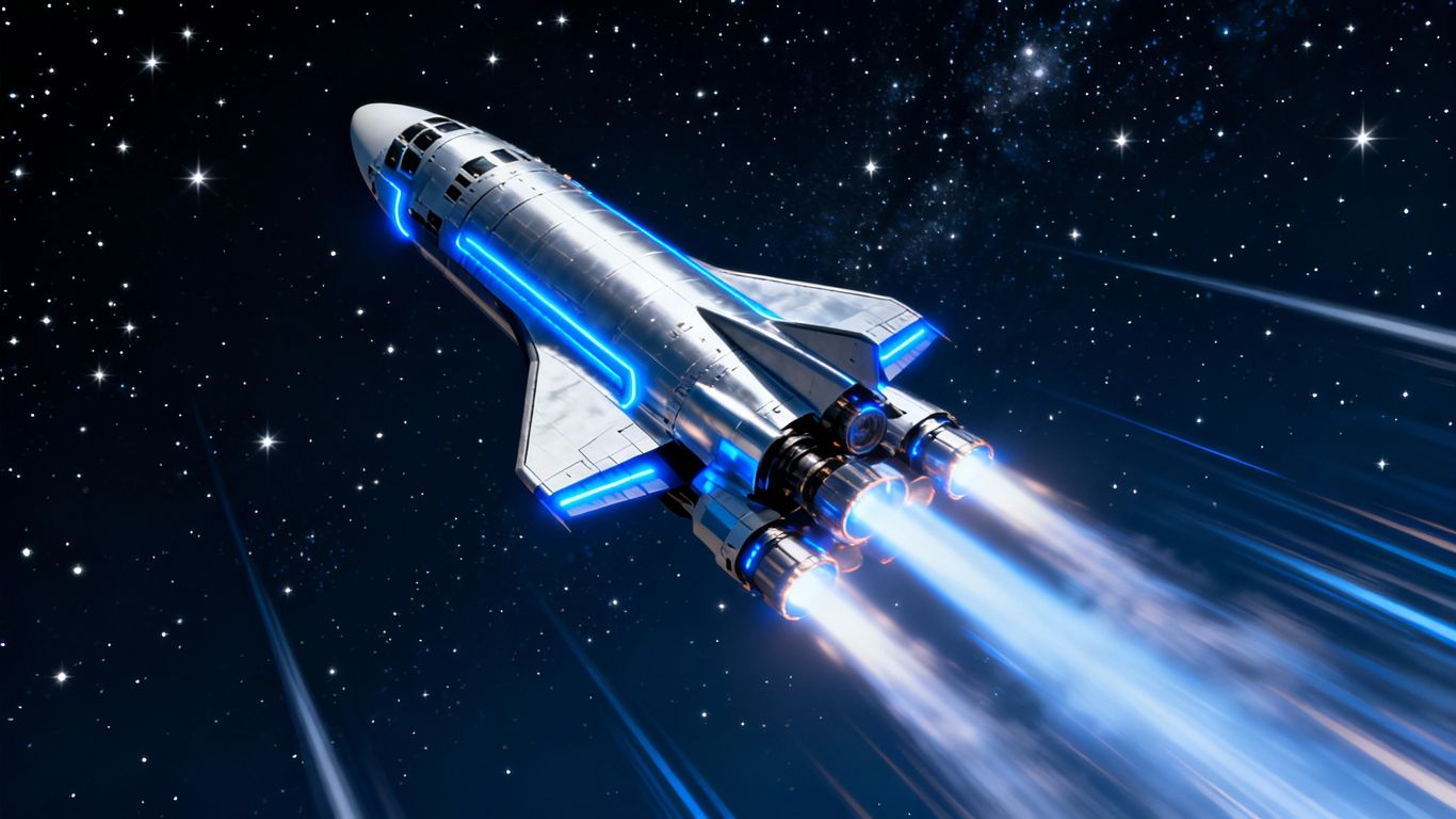 Rocket ship launching into a starry sky.
