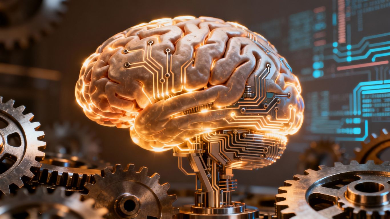 Glowing brain with circuitry, symbolizing AI potential.