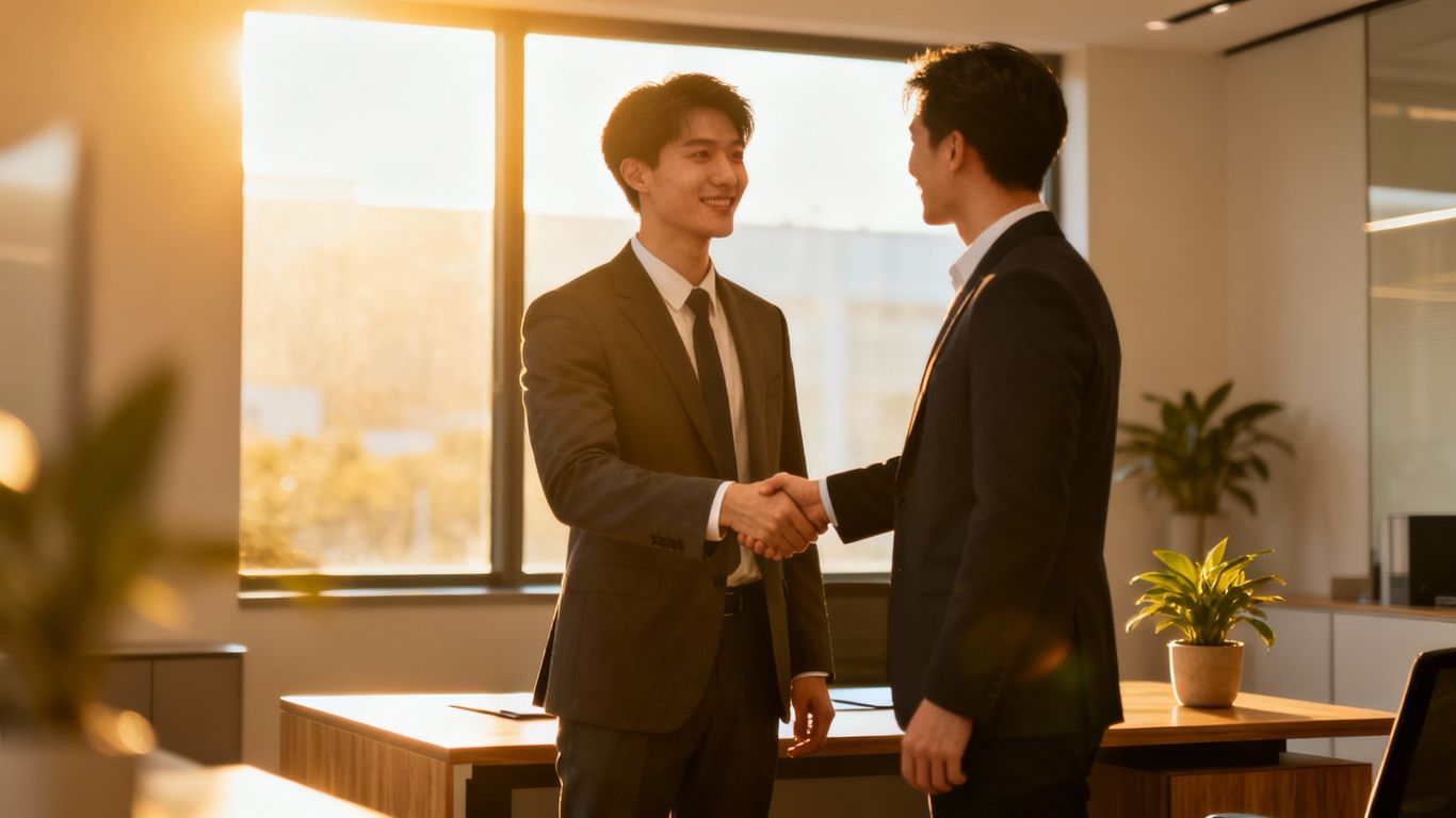 Professional handshake in an office, symbolizing job success.