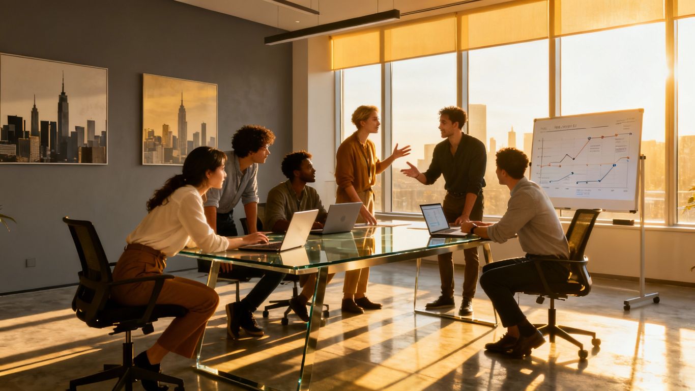 Business team collaborating in a modern office.