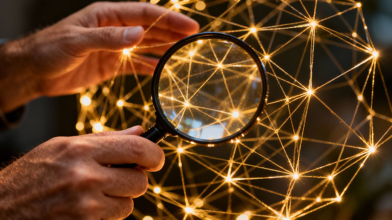 Magnifying glass over glowing network lines
