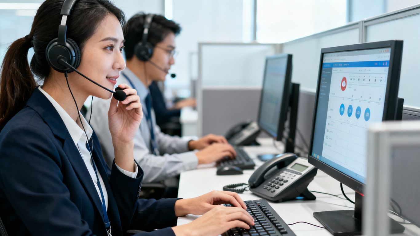 Contact center agents working with headsets and computers.