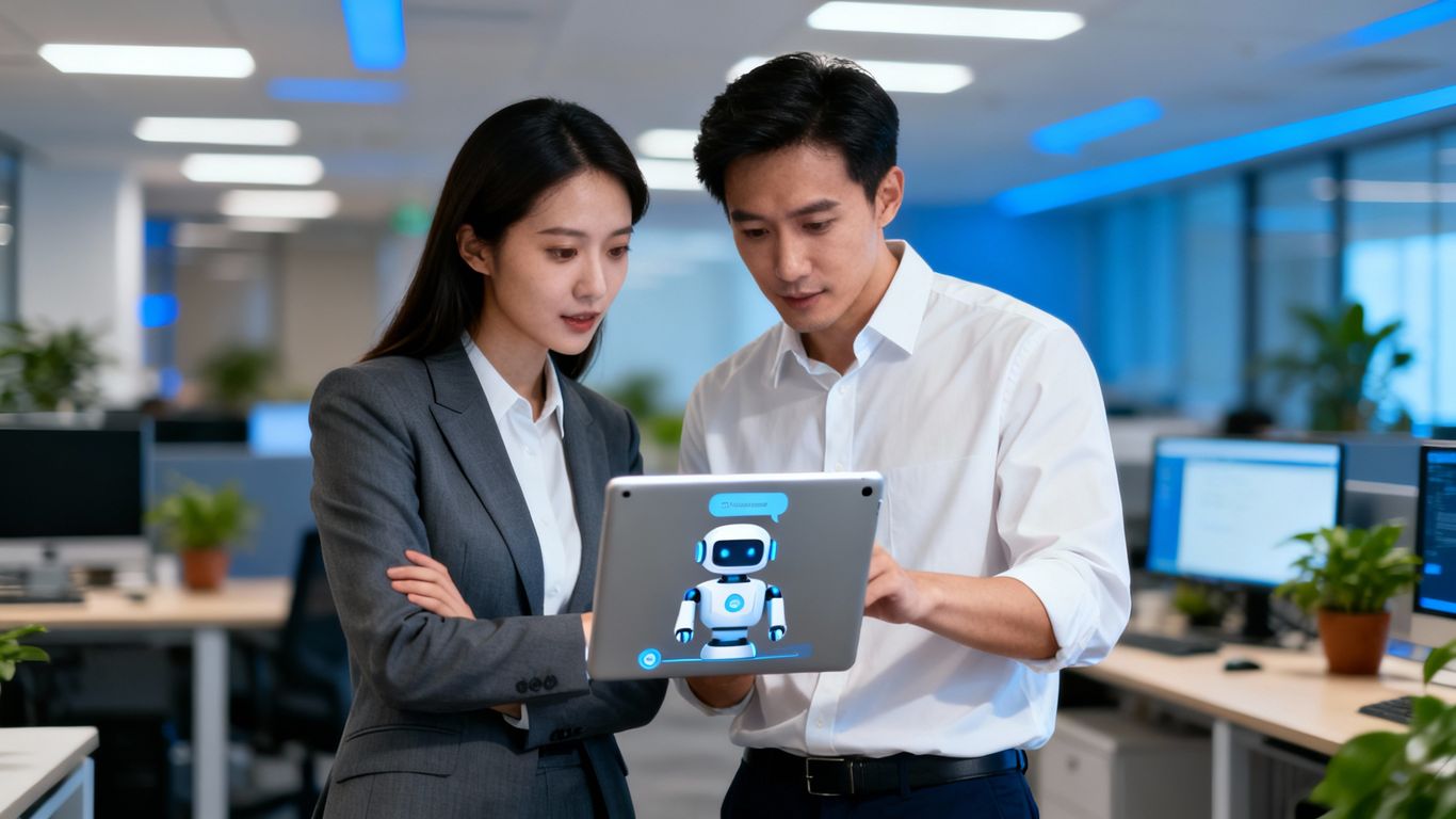 Business professionals interacting with a chatbot on a tablet.
