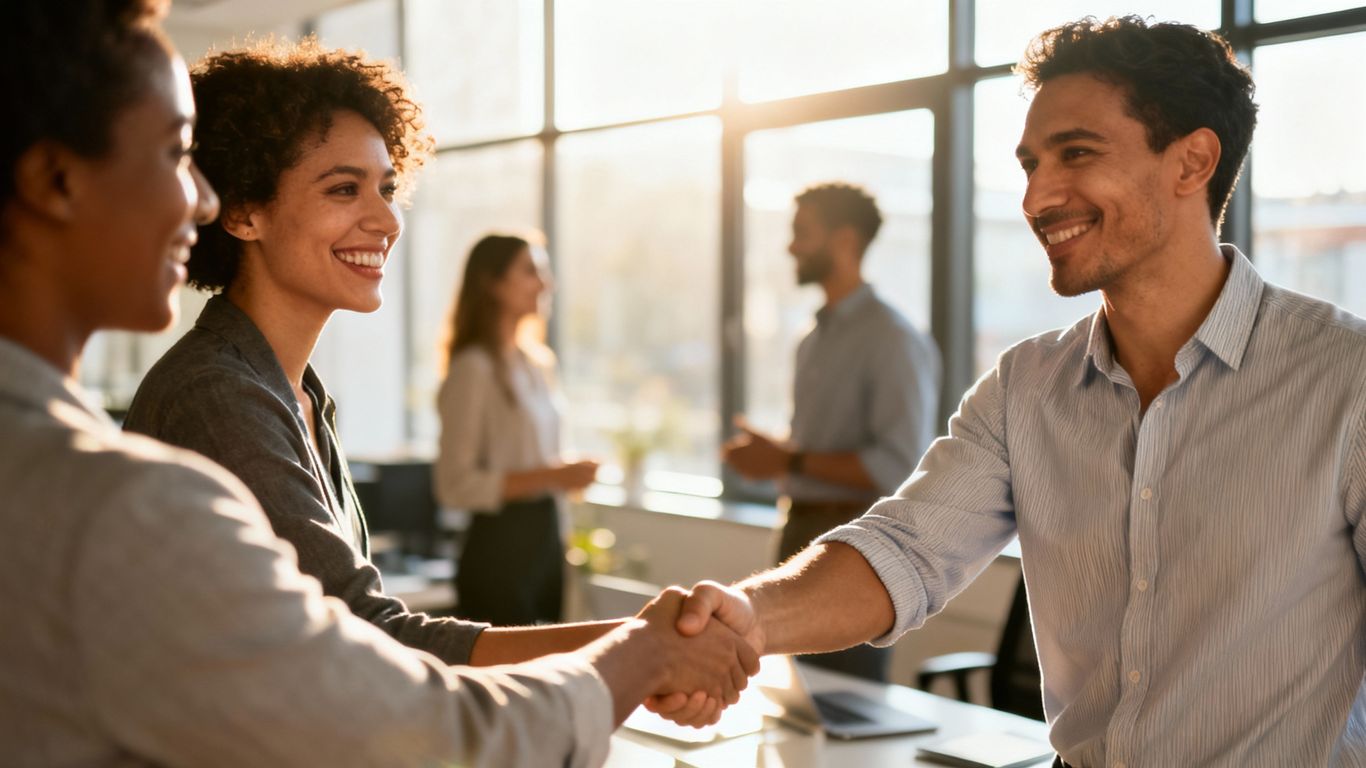 Business professionals shaking hands in a bright office.