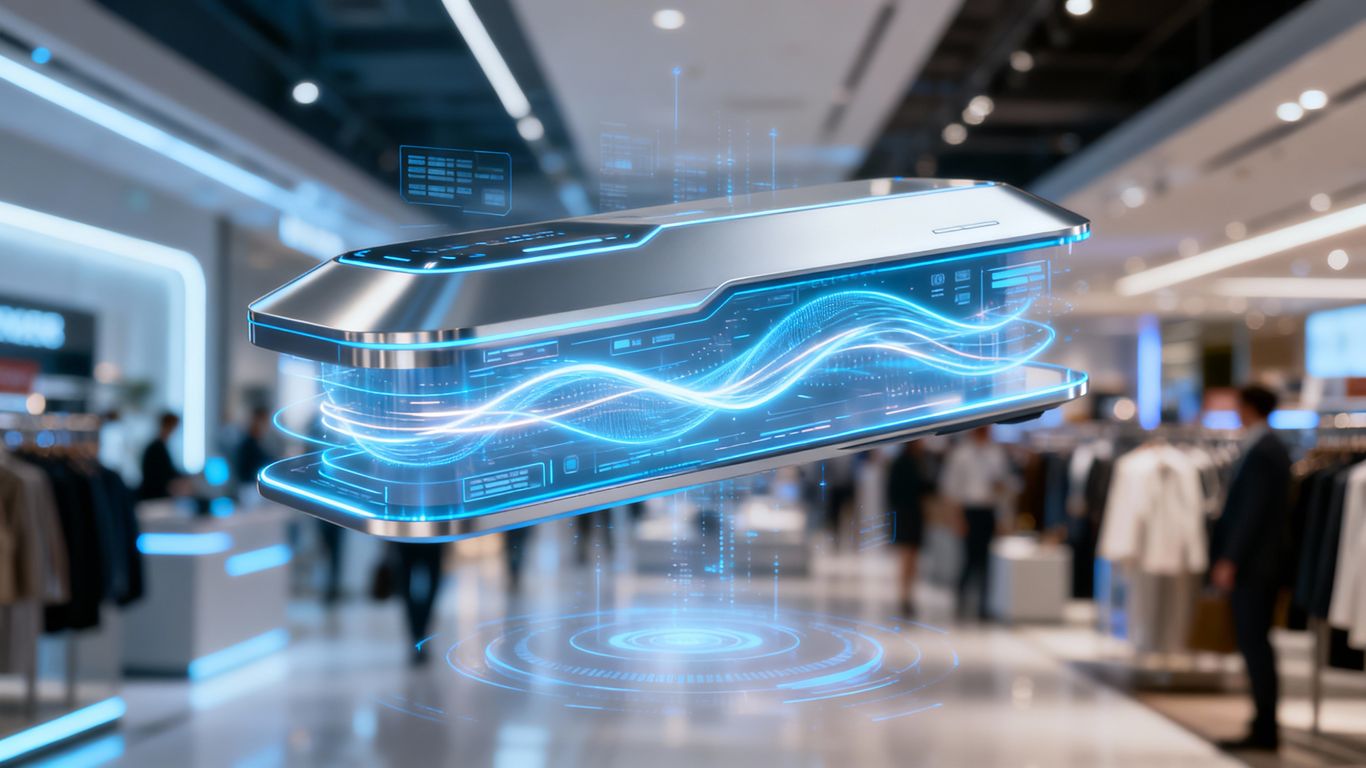 AI sales assistant interface with glowing data streams.