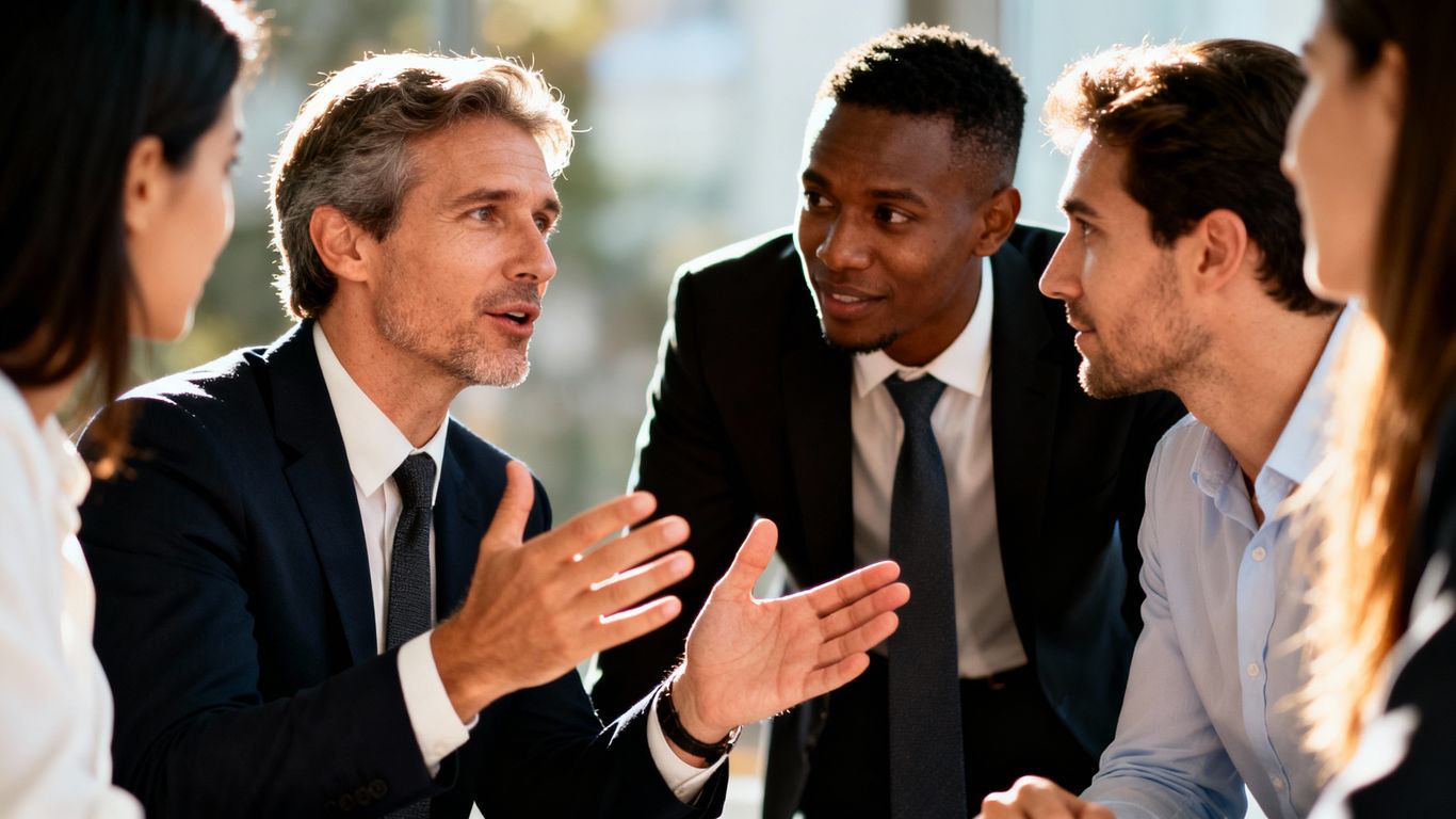 Business professionals discussing real estate sales strategies.