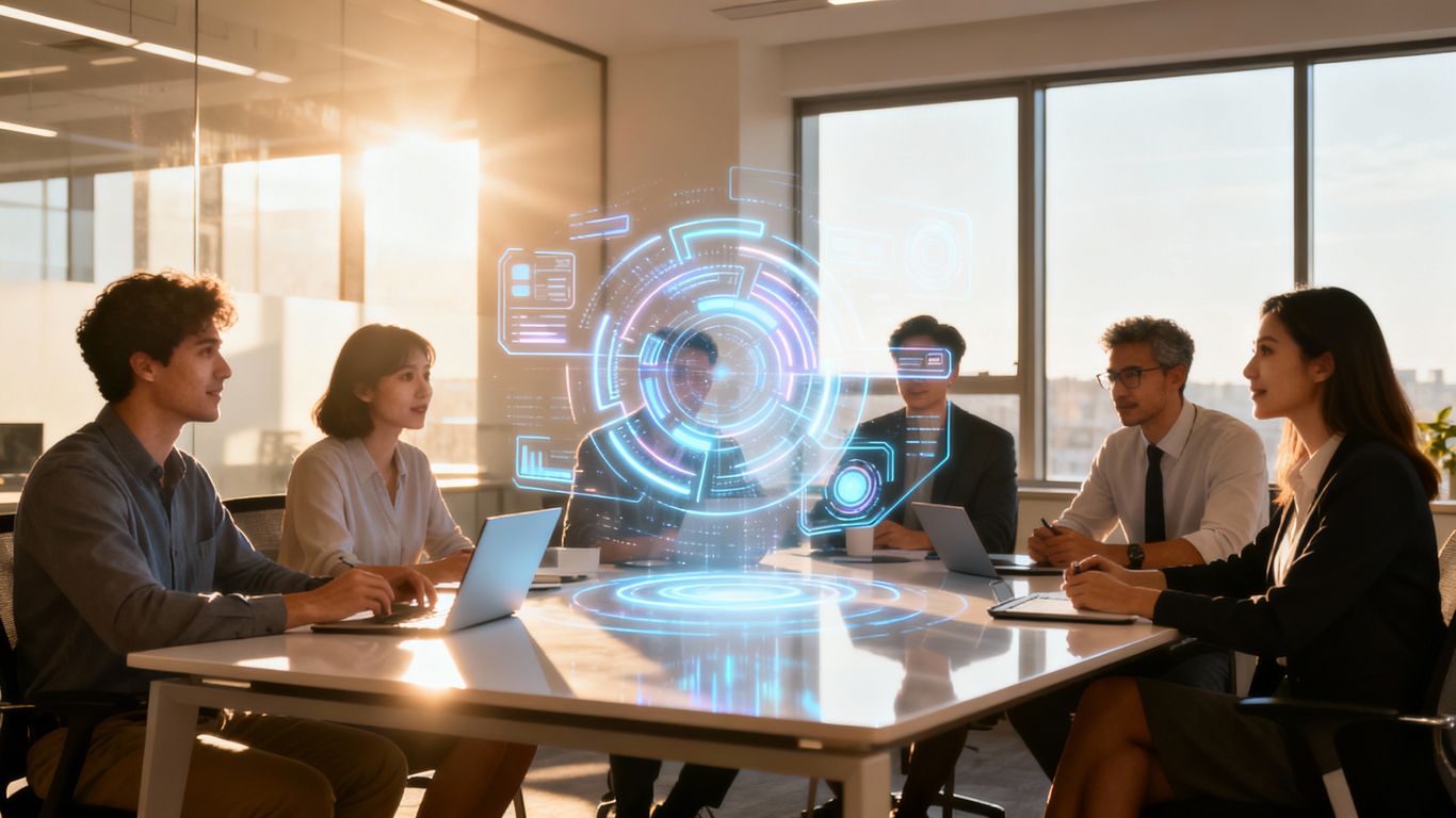 Business team interacting with a digital interface.