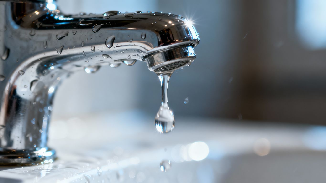 Dripping faucet with suspended water droplets.