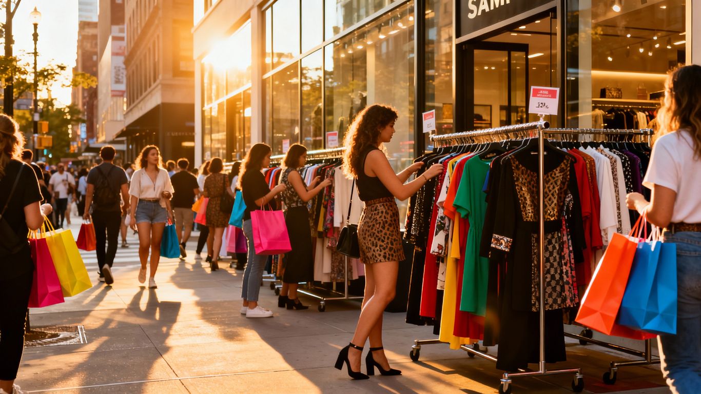 NYC sample sale with shoppers and designer clothes.