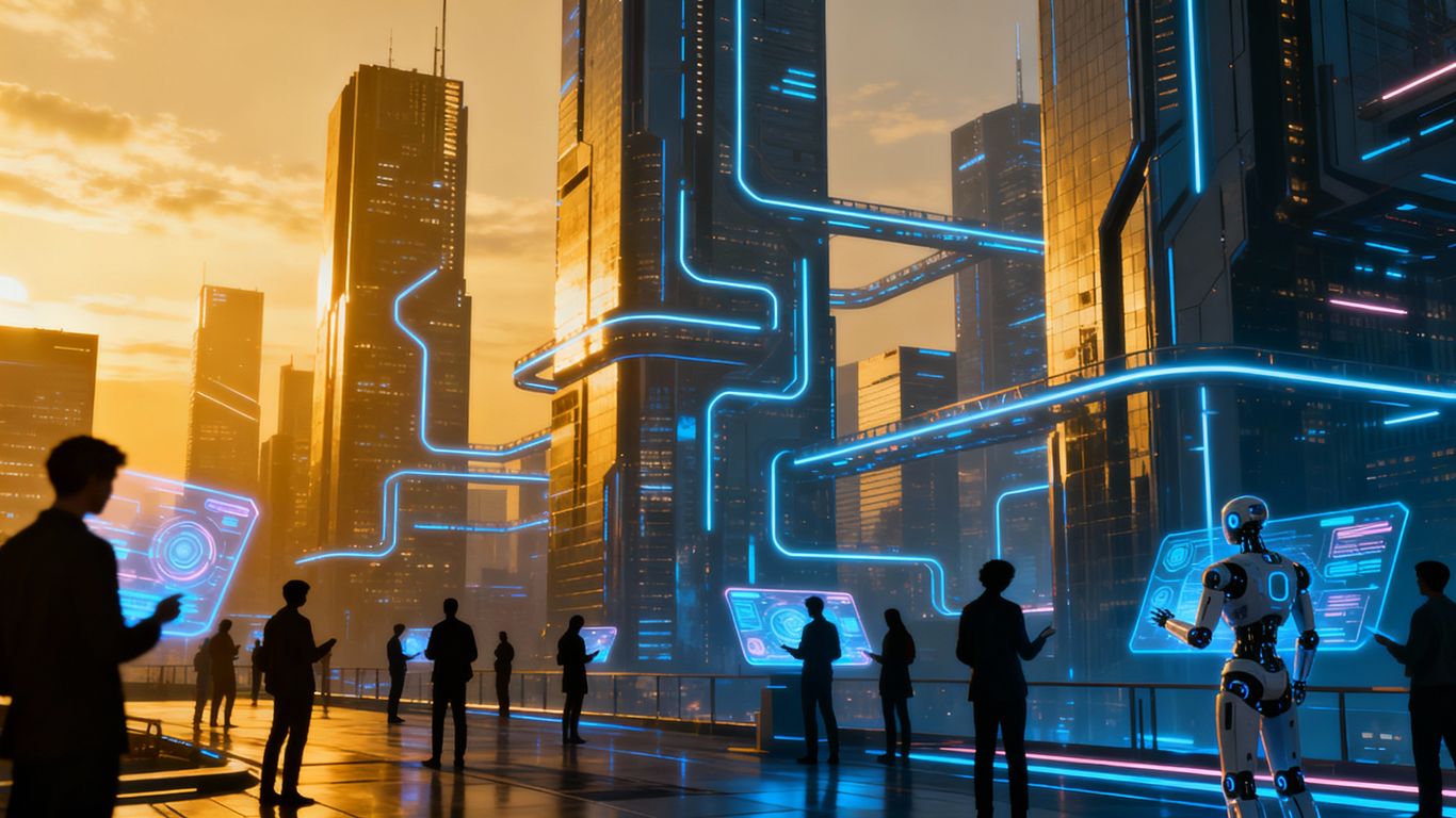 Futuristic cityscape with AI interfaces and people interacting.