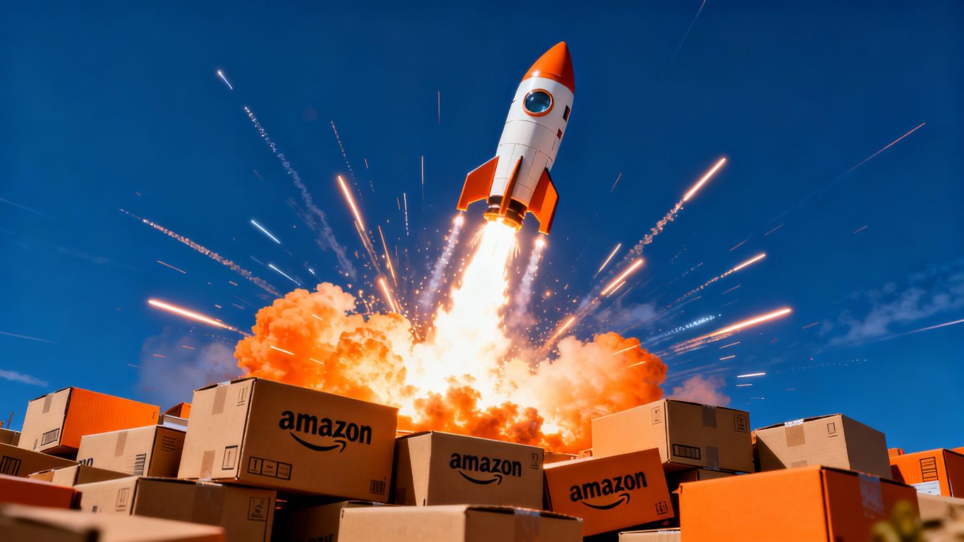 Rocket launching from Amazon boxes, symbolizing sales growth.