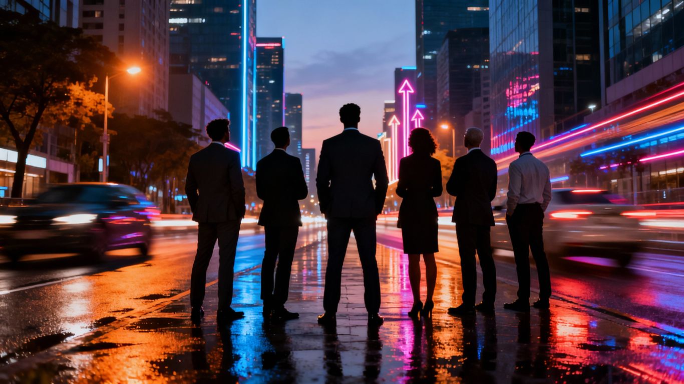 Business intelligence landscape with professionals observing city skyline.